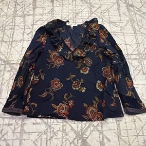 Madewell x Warm Ruffle-Collar Blouse Top in Honolulu Hibiscus Navy Blue Floral S